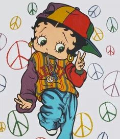 a drawing of a boy with peace signs in the background