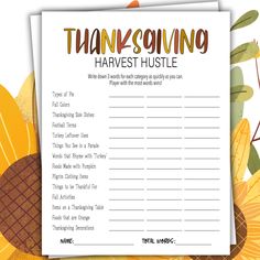 the thanksgiving harvest list is shown with leaves and pumpkins