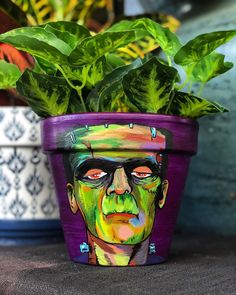 a potted plant with a painting of a man's face painted on it