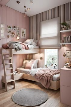 a bedroom with bunk beds and pink walls