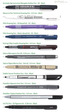 the different types of pens are lined up on top of each other, and one is black