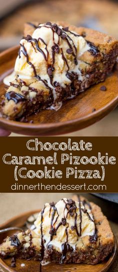 chocolate caramel cookie pizza with ice cream on top