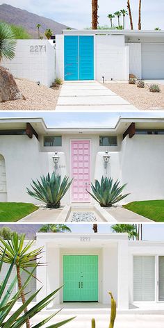 the front and side of a house with cactus plants