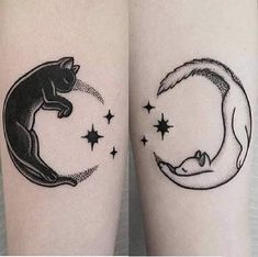 two tattoos that have cats on them and stars in the sky behind them, one is black and white