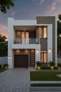 a modern house is shown in the evening