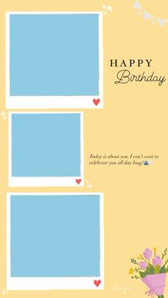 a happy birthday card with two windows and flowers on the window sill in front of it