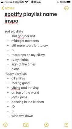 a screenshot of sad and happy playlist name ideas Spotify Playlist Name, Best Spotify Playlists, My Notes App, Funny Instagram Captions