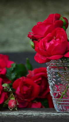 red roses are in a glass vase on a wooden table next to some other flowers