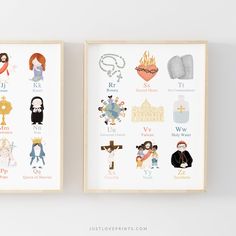 If you've been looking to add a bit of Catholic flair to a playroom, homeschool room, classroom, or baby nursery, these Catholic ABC prints will certainly do the trick! This bundle comes with (3) 8x10in. prints with kid-friendly depictions of the Catholic faith. They serve as a beautiful learning resource for the whole family and would make a darling Baptism gift, baby gift, or Catholic teacher gift! Details: * A set of (3) 8x10 prints © Copyright Lindsay Trezza, Just Love Prints, 2020: All desi Playroom Homeschool Room, Catholic Baptism Gifts, Catholic Classroom, Alphabet Prints, Catholic Baptism, Alphabet Quilt, Catholic Homeschool, Abc Art, Holiday Schedule