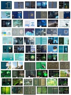 a collage of many different images with blue and green colors on them, all in squares