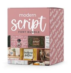 the modern script font bundle is shown in front of a pink box with white lettering