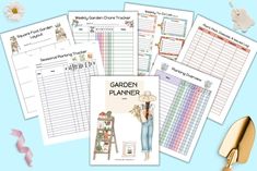 garden planner printables and tools on a blue background