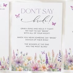 three cards with flowers and butterflies on them, one says don't say sale