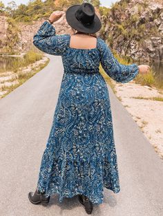 Cozy Plus Size Autumn/Winter Dress - Blue,3XL Winter Bohemian Maxi Dress, Bohemian Maxi Dress For Winter, Winter Midi Dress With Square Neck, Bohemian Long Sleeve Dresses For Fall, Square Neck Midi Dress For Winter, Bohemian Fitted Long Sleeve Dress For Fall, Fitted Bohemian Long Sleeve Dress For Fall, Fall Bohemian Maxi Dress With Square Neck, Bohemian Maxi Dress With Square Neck For Fall