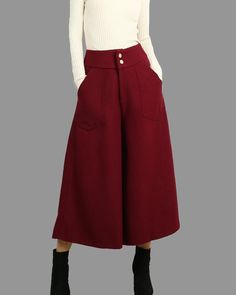 * A wide leg skirt shaped pants for winter, made of quality wool blends.* Two pockets, they are big enough for Iphone and your hands.* Material: 50% wool, 50% polyesterCustom made to fit, lead time is 6-8 days;Let us know your usual size in your country and your overall height.If you have some specific request or special characters such as broad shoulder, long arms, long waist, etc you think we need pay attention to when making, do let me know.* Shop sizing chart FYI ( made according to US sizin Baggy Wide Leg Pants With Pockets For Winter, Winter Baggy Wide Leg Pants With Pockets, Wide Leg Bottoms With Side Pockets For Winter, Winter Wide-leg Bottoms With Pockets, Winter Wide-leg Pants With Pockets, Wool Wide-leg Pants With Pockets, High-waist Solid Color Culottes For Fall, Winter High-waisted Bottoms With Pockets, Chic Flared Winter Bottoms