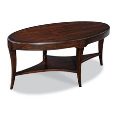 an oval wooden table with two shelves underneath it