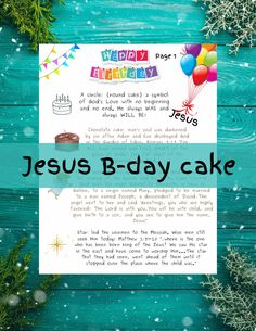 jesus birthday cake recipe on a blue wooden background with balloons and snowflakes around it