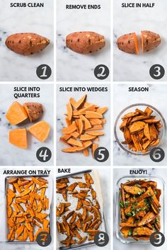 the steps to make sweet potato casserole are shown in several different pictures and instructions