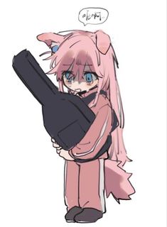 an anime character with pink hair and blue eyes holding a black object in her hand