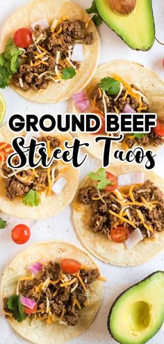 street tacos made with ground beef and toppings of cilantro, tomatoes, cheese, and onions Ground Beef Street Tacos Recipe, Ground Beef Street Tacos, Beef Street Tacos, Easy Tacos, Taco Recipes Ground Beef, Street Taco Recipe, Tacos Recipes, Beef Tacos Recipes, Beef Tacos