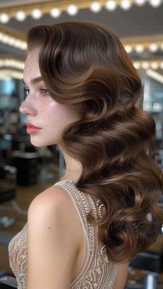 25 Prom Hairstyles to Make You Feel Confident and Beautiful Hollywood Inspired Hairstyles, Hairstyles For A Ball Gown, Hairstyle Inspo For Prom, Waves Hairstyle Women, Hollywood Glam Long Hair, Classic Hair Wedding, Hollywood Waves Pinned Back, Classic Glam Wedding Hair, Vintage Inspired Wedding Hairstyles