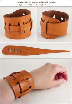 the instructions for how to make a leather wristband with holes on each side and an attached strap