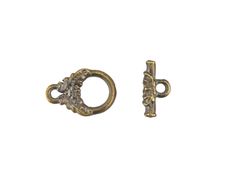 two antique brass plated metal clasps, one with an ornate design and the other with