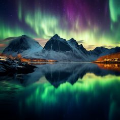 the northern lights shine brightly over mountains and water in this photo, while snow - capped peaks reflect on the lake's surface