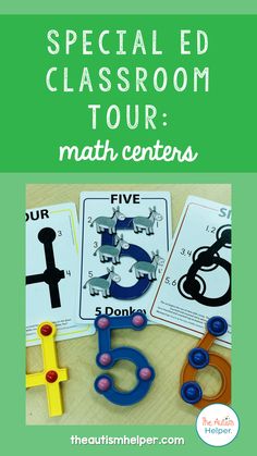 a green and white poster with the words special ed classroom tour math centers on it