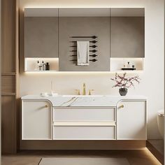 a modern bathroom with two sinks, mirrors and lights on the wall above them is shown