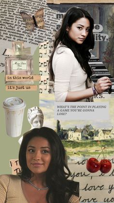 a collage with pictures and words on it including an image of a woman holding a coffee cup