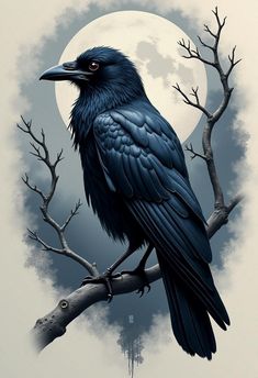 a black bird sitting on top of a tree branch in front of a full moon