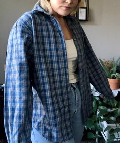 "Wrangler Blues collection blue plaid top size XL *model is 5'3\", waist 30\"" Blue Flannel Shirt With Relaxed Fit, Blue Flannel Outfit Women, Vintage Blue Flannel Shirt For Fall, Casual Blue Flannel Shirt With Button Closure, Flannel Button-up Top With Buttons, Blue Flannel Outfit, Flannel Outfit Women, Classic Flannel Button-up Top, Blue Relaxed Fit Flannel Shirt With Button Closure