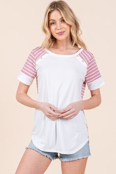 Casual Striped Elegance: Short Sleeve Top with Button Detail Introducing our Stripe Combo Short Sleeve Top with Button Detail, a perfect blend of casual comfort and stylish elegance. This top is designed for versatility, making it an excellent choice for various occasions. Whether you're heading out for a casual day or adding a touch of sophistication to your look, this top has you covered. Short Sleeve Top Details: Style: Casual Print / Pattern: Stripe Fit: Loose Fit Embellishment: Button Detai Casual Tops With Side Buttons For Summer, Spring Workwear Tops With Side Buttons, Casual Tops With Buttons For Gatherings, Chic Everyday Tops With Buttons, White Casual Tops With Back Button Closure, Button-up Top For Casual Gatherings, White Casual Top With Back Button Closure, Casual White Tops With Back Button Closure, Trendy Tops With Button Closure For Casual Gatherings