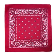 a red bandanna with white paisley on it