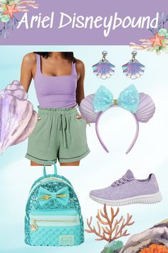 Dive into this enchanting Ariel-inspired outfit! 🐚💜 Let your inner mermaid shine with a purple tank top paired with high-waisted cruise shorts, perfect for seaside adventures. Complete the look with adorable mermaid ears, shell earrings, and sparkling purple sneakers for a dash of fairy-tale charm. ✨ #disneybounding #disneyboundingoutfits #disneyboundingideas #disneybound #disneyworld #disneyland #disneyoutfit #disneyoutfitinspiration #disneytripplanning #disneyfashion #littlemermaid #ariel #disneyworldoutfit #disneylandoutfit Fairy Disneybound, Outfit For Disney World, Cruise Shorts, Ariel Disneybound, Universal Outfits, Disneyworld Outfit, Mermaid Ears, Disney Family Outfits, Planning Outfits