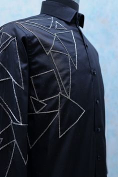 Buy Geometric Pattern Embroidered Black Shirt Online in India - Etsy Gents Shirts, Party Shirts Men, Mens Shirt Pattern, Cutdana Work, Gents Kurta Design, Fancy Shirt, Gents Kurta, Mens Dress Shirts