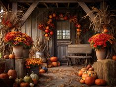 an autumn scene with pumpkins and gourds in front of a wooden house