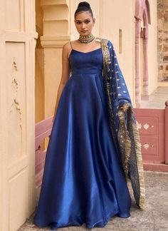 Royal Blue Indian Dress, Royal Blue Anarkali Dresses, Satin Indian Outfit, Royal Blue Kurti Design, Royal Blue Indian Outfit, Satin Suits Women Indian, Satin Anarkali Dress, Girlish Saree, Blue Anarkali Dress