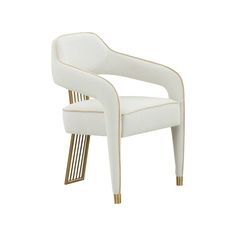 a white chair with gold trimmings on the arm and back, against a white background