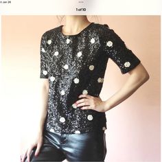 Nwt Gorgeous Black And White Sequins Cover This Entire Shirt. Short Sleeve And Fully Lined. 22 Long, 32 Bust And Waist, 34 Hips.. Black Sequined Tops For Spring, Chic Short Sleeve Sequined Blouse, Black Sequined Summer Blouse, Black Crew Neck Top With Sequins, Black Sequined Crew Neck Top, Chic Black Tops With Sequins, Chic Black Sequined Tops, Eyelet Shirt, Tie Sleeve Blouse