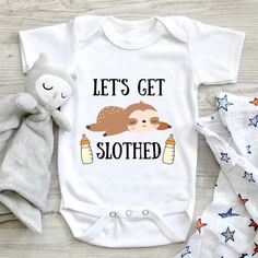 Let's Get Slothed Baby Bodysuit, Baby Bodysuit, Funny Baby Bodysuit, Baby Shower Gift, Sloth Baby Bodysuit, Gift For Baby Shower, Baby Gift 💗 Welcome to The MintedWildflower Etsy Shop! DESCRIPTION: An adorable baby bodysuit with softness that is perfect for an infant's sensitive, smooth skin. Durable print will survive the very first adventures of your little explorer. Celebrate your bundle of sunshine with this sweet bodysuit. This adorable piece is the perfect light layer for a baby. This pro Playful White Bodysuit Gift, Playful White Bodysuit As A Gift, Playful White Bodysuit As Gift, Cute Baby Shower Gifts Baskets, Sloth Baby Shower Ideas, Baby Shower Outfit Ideas, Babby Shower, Shower Baskets, Baby Shower Baskets