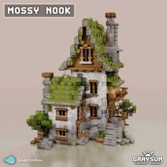 a house made out of rocks with mossy roof and trees on the top floor