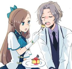 two anime characters are eating cake on a plate and looking at each other's eyes