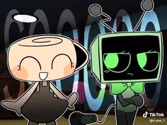 two cartoon characters are standing in front of a computer screen with green eyes and headphones