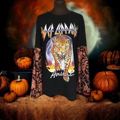 Def Leppard Graphic Upcycled T-Shirt with long bell sleeves. Fall Graphic Print Long Sleeve Crew Neck Top, Fall Graphic Print Long Sleeve Top With Crew Neck, Fall Graphic Tee With Long Sleeves, Oversized Leopard Print Tops With Long Sleeves, Fall Leopard Print Graphic T-shirt, Leggings And Heels, Hippie Clothing, Long Bell Sleeves, Orange Hues