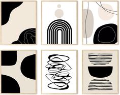 four black and white art prints with abstract shapes on them, each one in different sizes