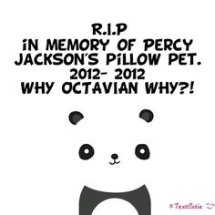 a panda bear with the caption rip in memory of percy jackson's pillow pet 2012 - 2012 why octavian why?