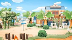 an animated image of a small town with palm trees and benches in the foreground