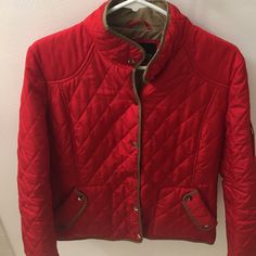 Brand New Excellent Condition Casual Quilted Red Outerwear, Casual Red Quilted Outerwear, Red Quilted Long Sleeve Outerwear, Casual Red Outerwear With Padded Collar, Red Long Sleeve Outerwear With Padded Collar, Classic Red Outerwear For Spring, Red Jacket, Jackets & Coats, Jackets For Women